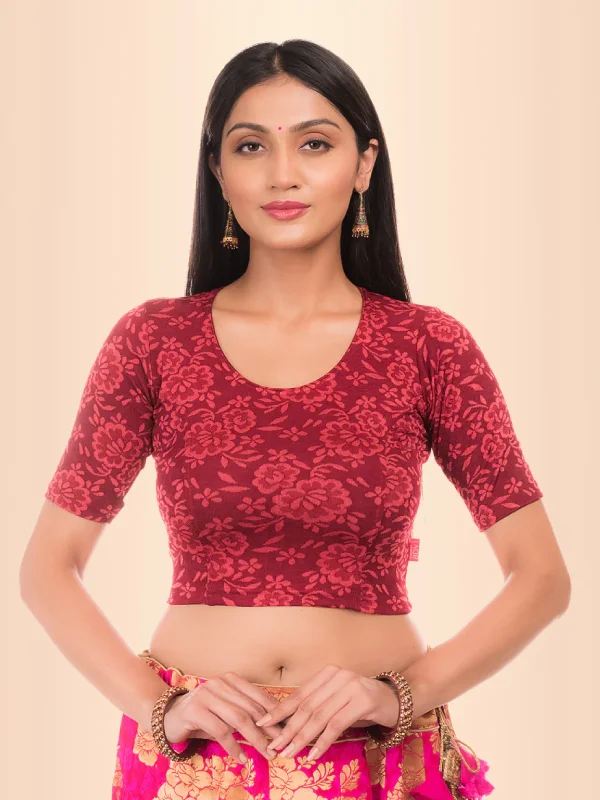 Ambreen Maroon High Neck Jacquard Blouse