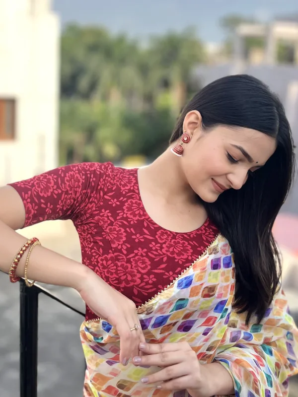 Ambreen Maroon High Neck Jacquard Blouse