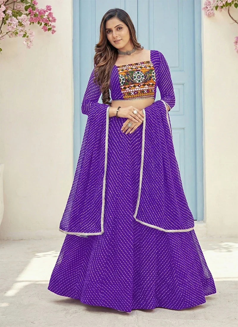 Graceful Pink Lehariya Printed Embroidered Georgette Chaniya Choli Festive Wear