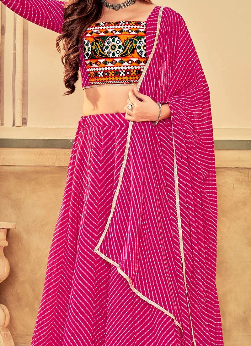 Graceful Pink Lehariya Printed Embroidered Georgette Chaniya Choli Festive Wear